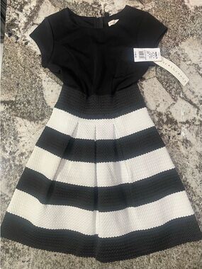 Four Threads Girls White Striped Fit-and-Flare Dress